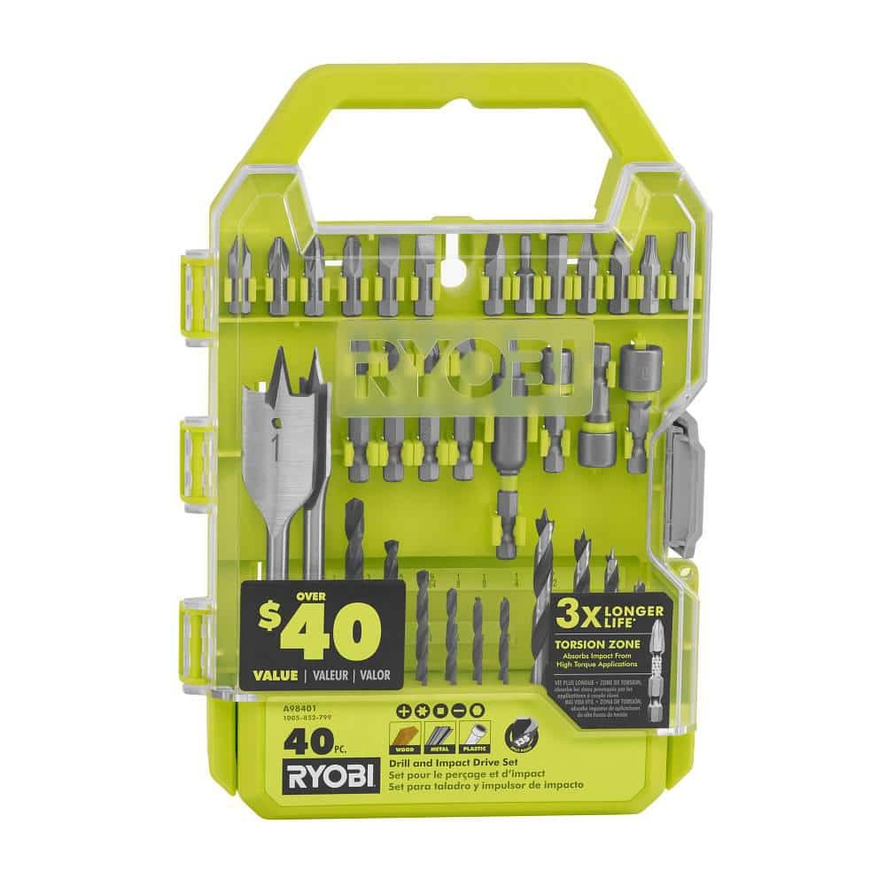 RYOBI ONE+ 18V Cordless 3/8 in. Drill/Driver Kit with 1.5 Ah Battery, Charger, and Drill and Impact Drive Kit (40-Piece) PDD209K-A98401