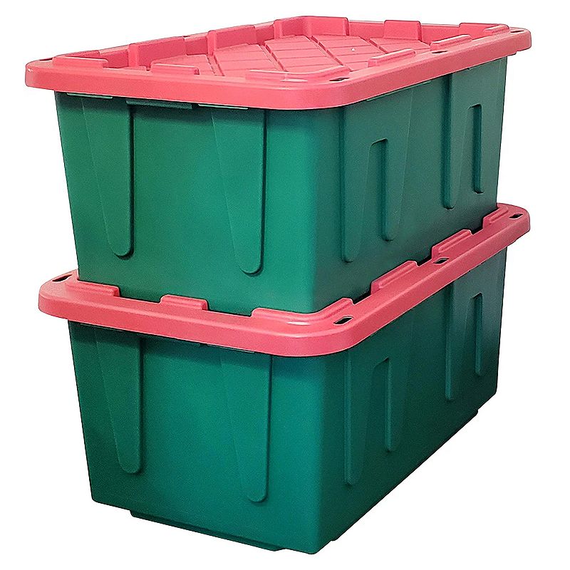 HOMZ Durable 27 Gallon Heavy Duty Holiday Storage Tote， Green/Red， (4 Pack)