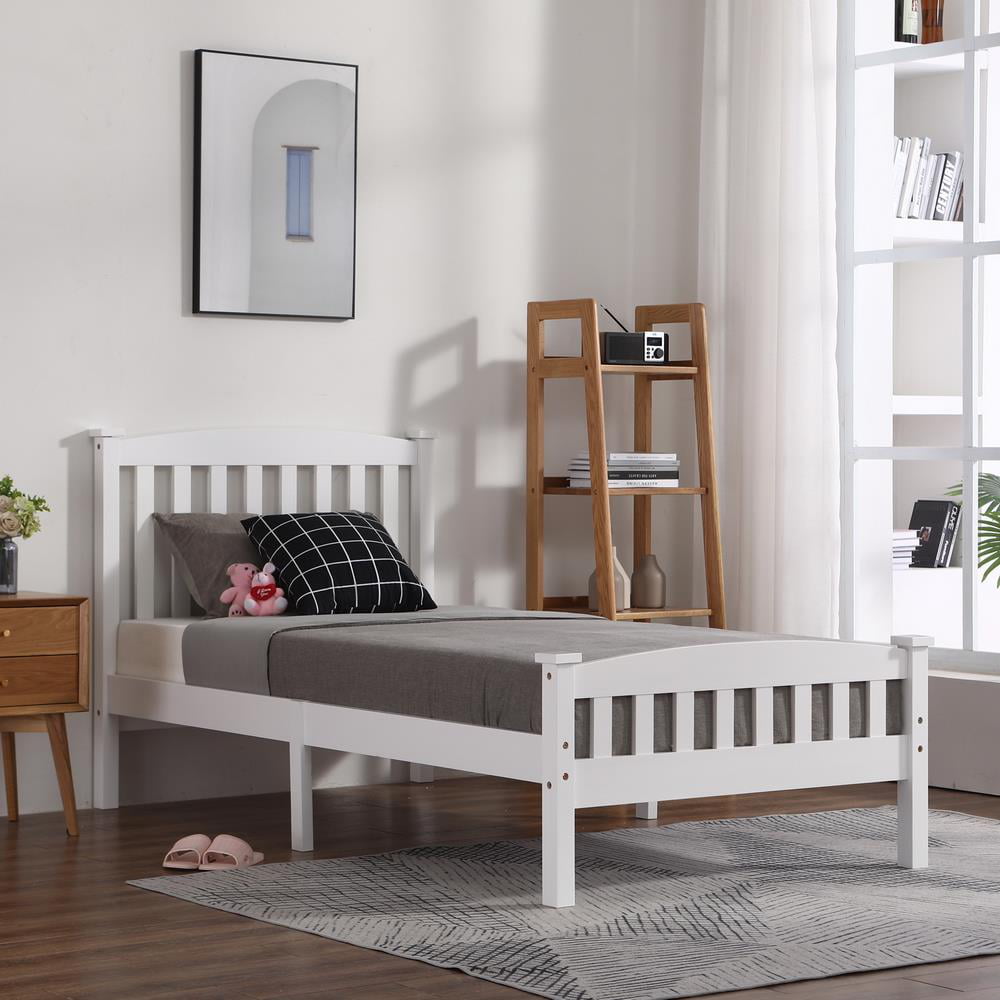 Ktaxon Twin Bed Frame, Twin Platform Bed Frame, Bedroom Twin Bed with Headboard for Adults, White