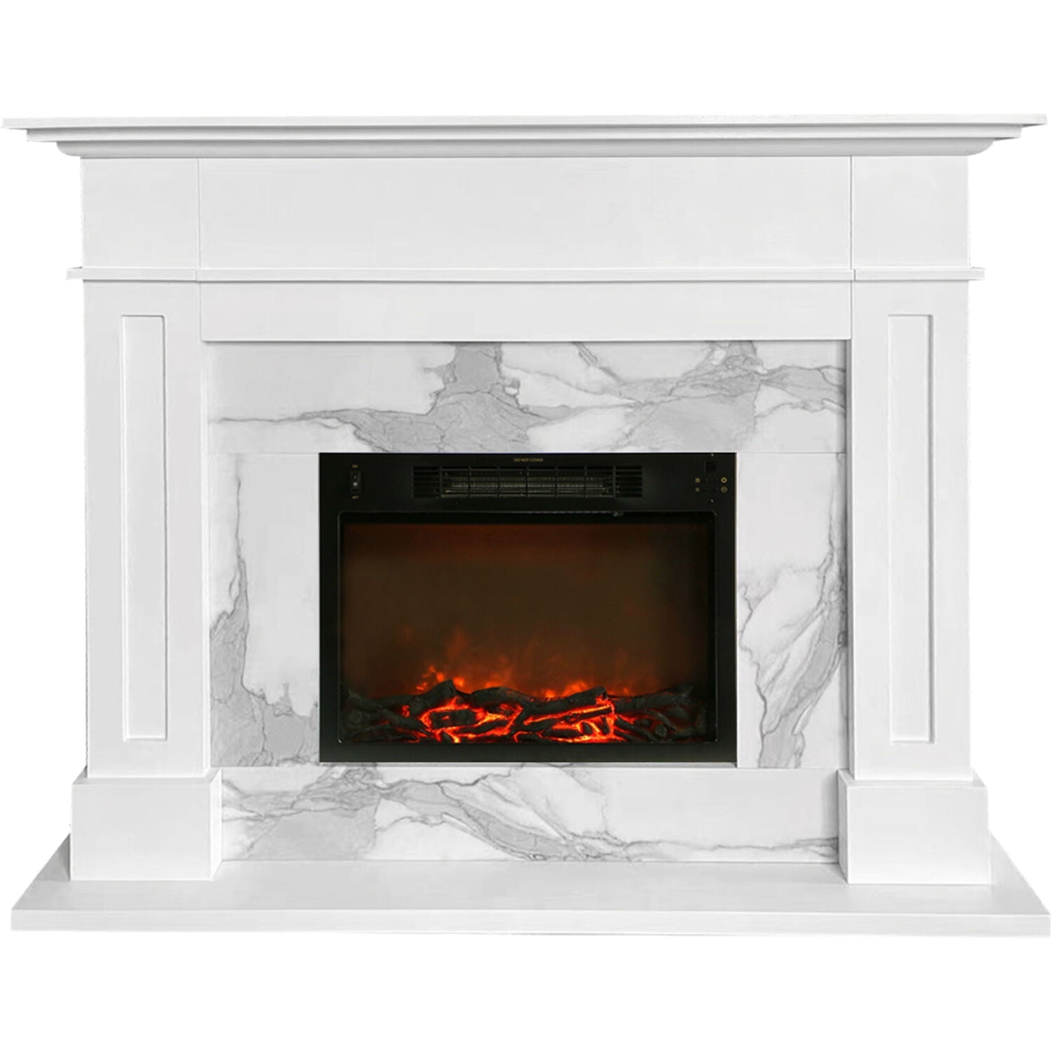 Sofia Cambridge 57-In. Modern Indoor Electric Fireplace Mantel with 1500w Log Insert and Remote Control | White Faux Marble | Heating for Living Room, Dining Room, Bedrooms up to 210 Sq.Ft.