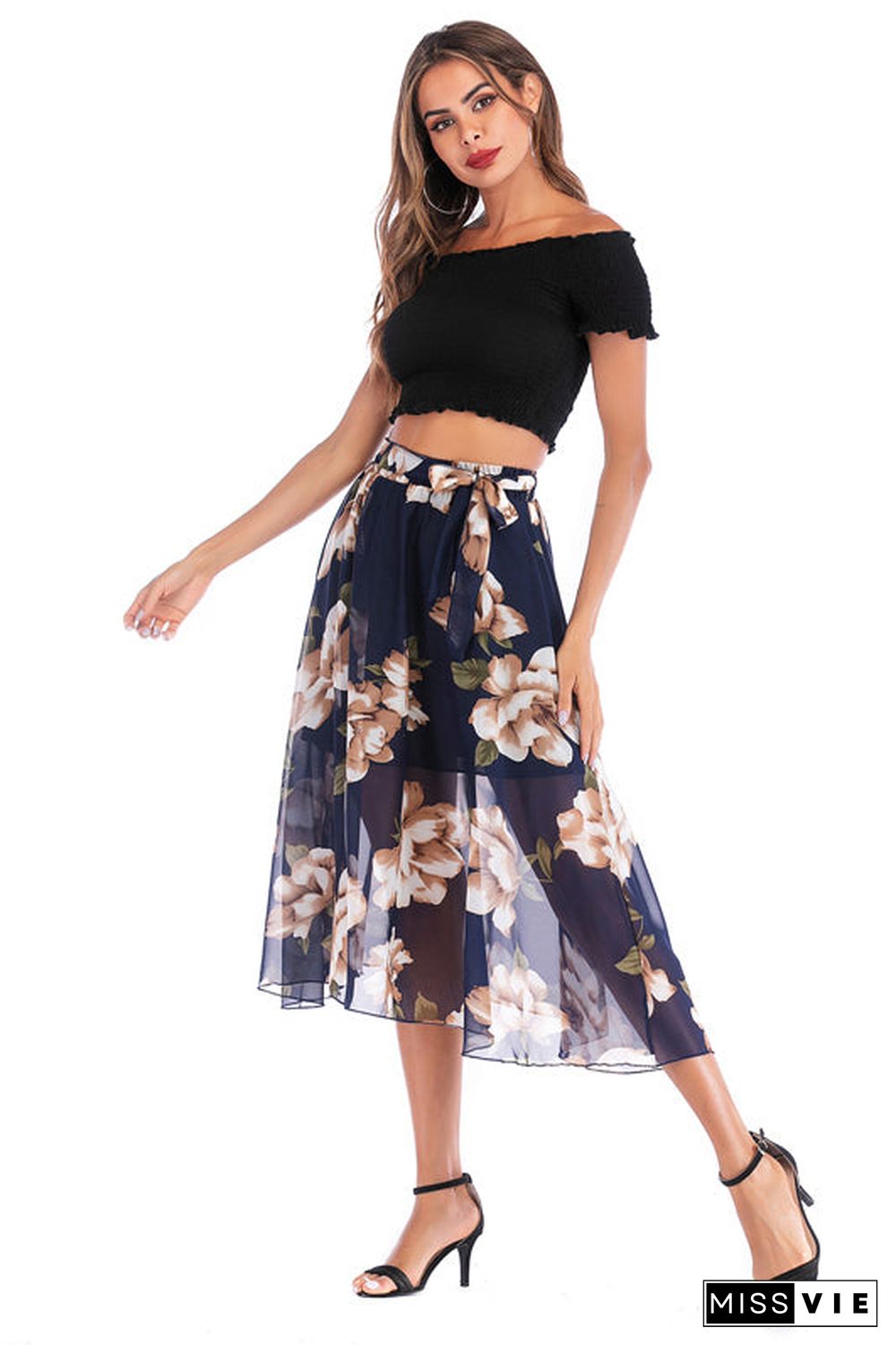 Elastic Waist Blue Floral Print Chiffon Skirt