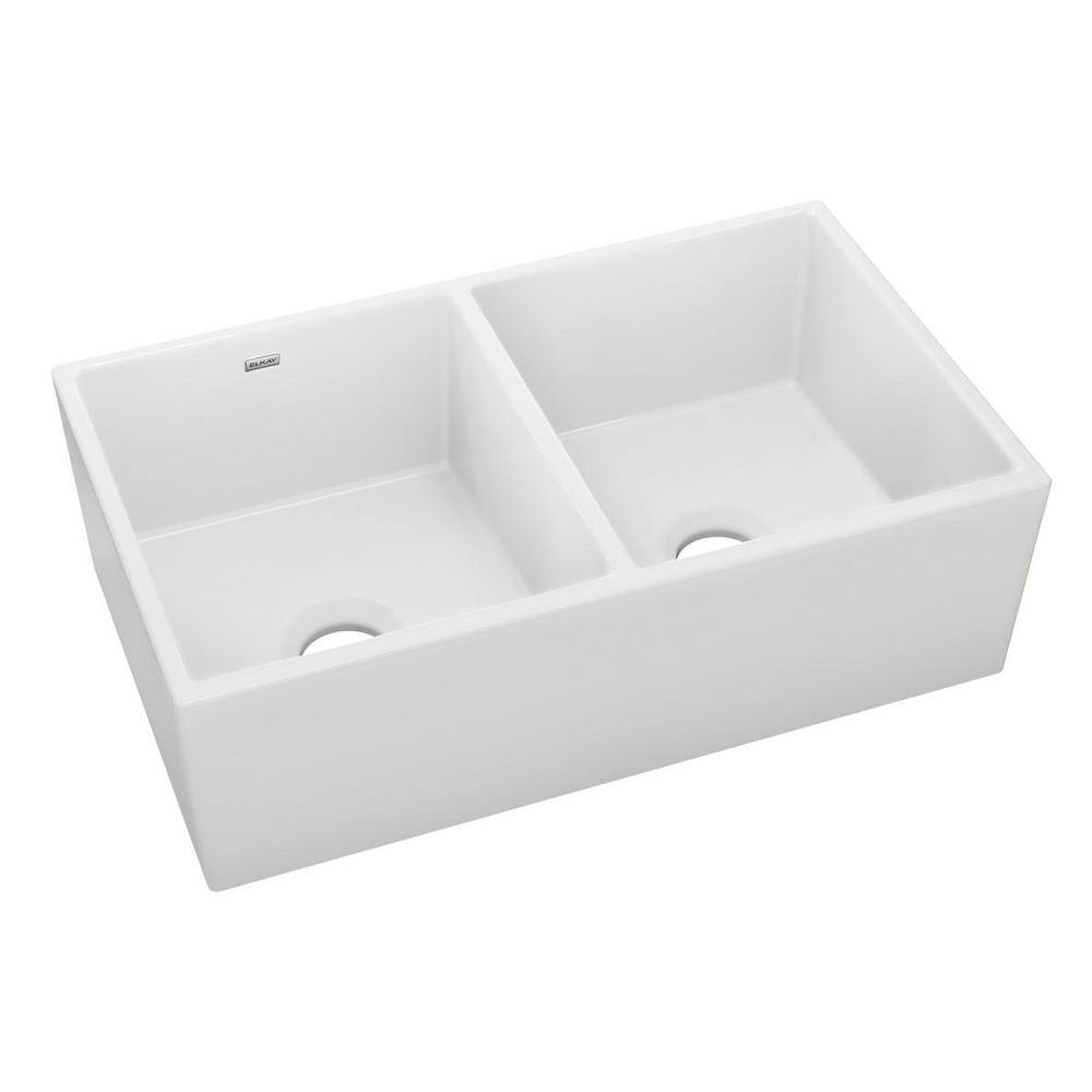 Elkay Explore Farmhouse Apron Front Fireclay 33 in. Double Bowl Kitchen Sink in White SWUF32189WH