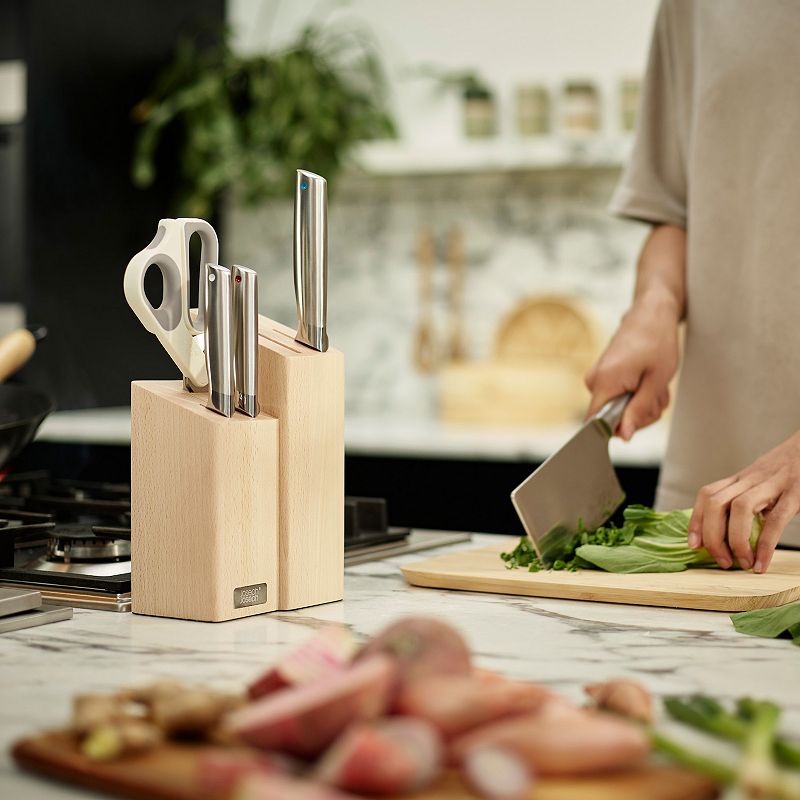 Joseph Joseph Elevate Fusion 5-pc. Knife， Cleaver and Scissor Set with Beechwood Knife Block