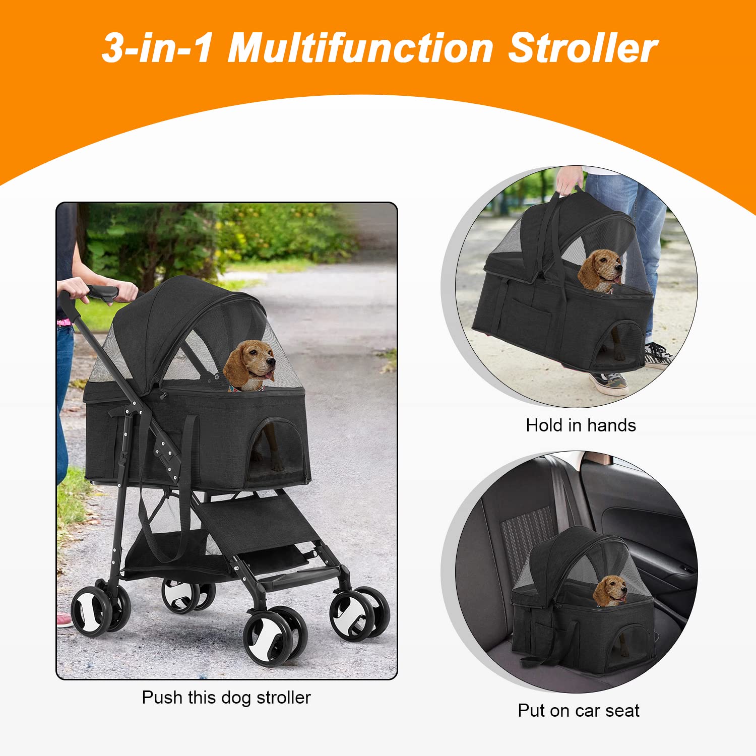 Dkeli 4 Wheels Dog Stroller Folding Pet Stroller Cat Stroller for Medium Dogs with Detachable Carrier， Black