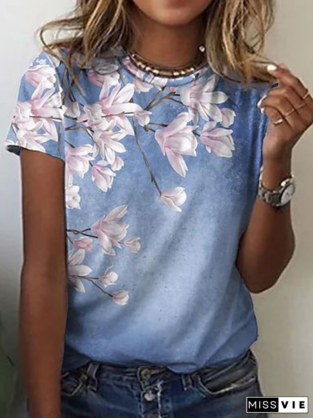 Women Vintage Floral Printed Short Sleeve Casual T-Shirt