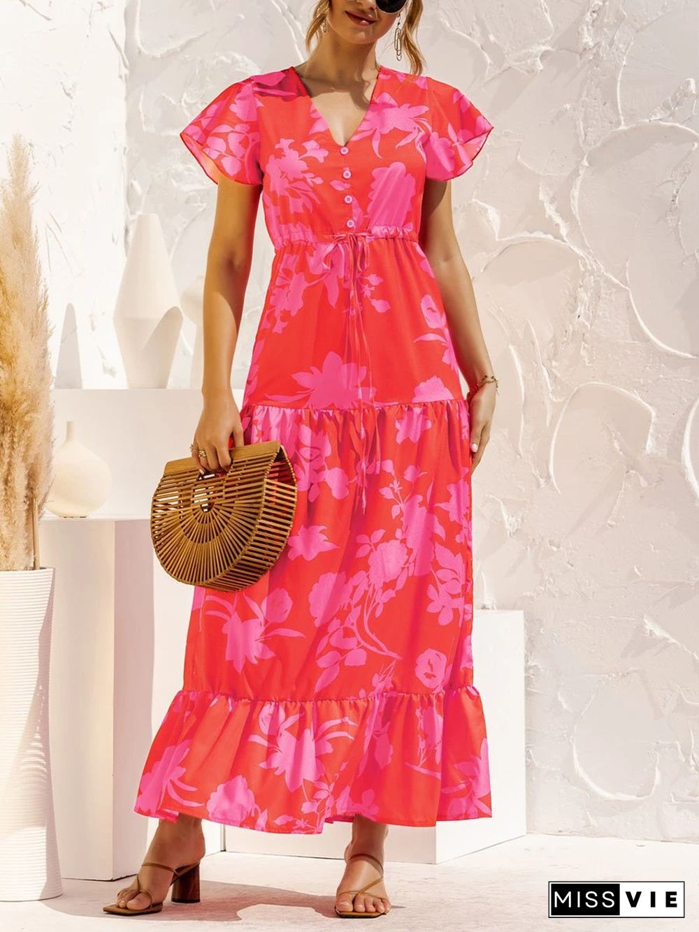 V-neck Floral Print Maxi Dress P16235