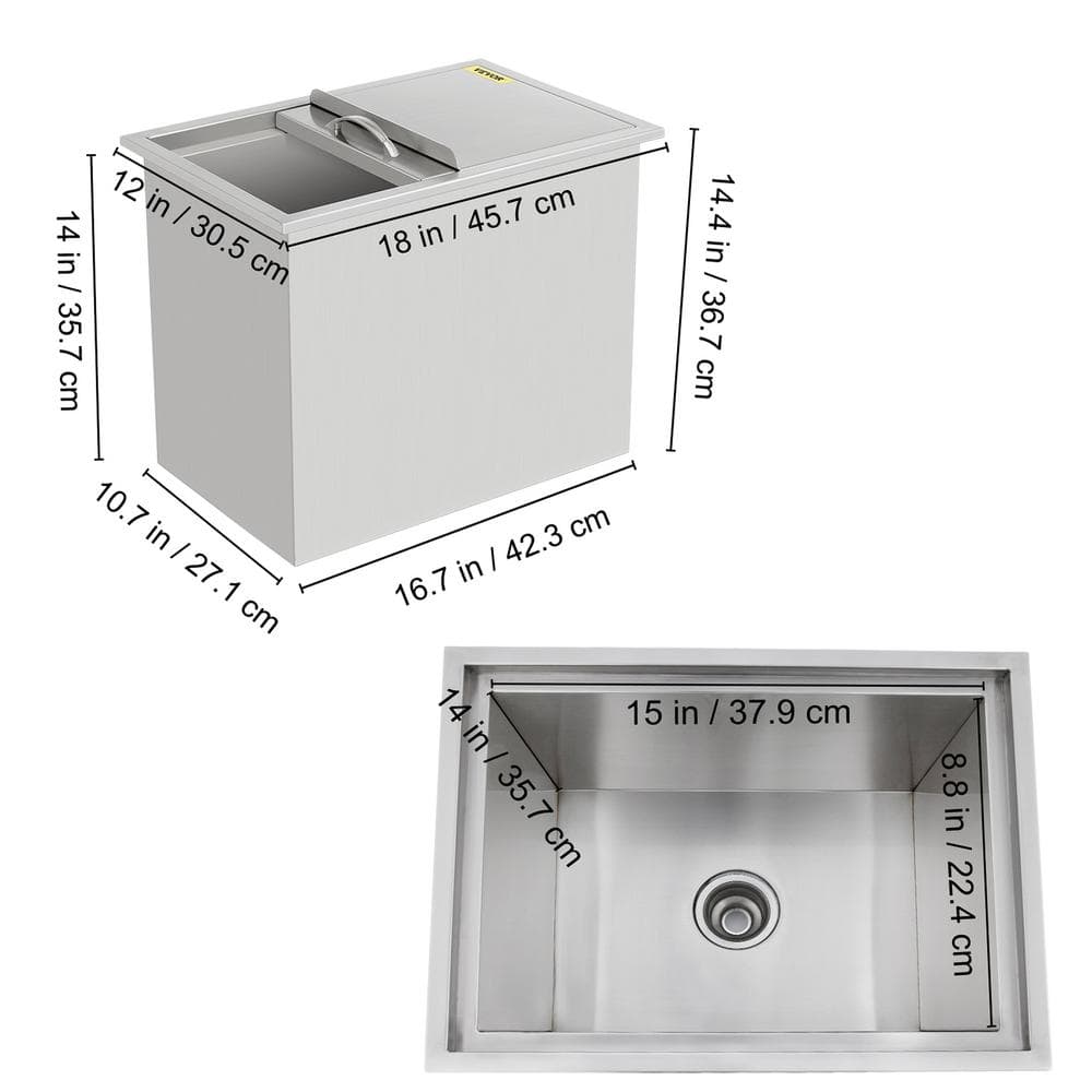 VEVOR Drop in Ice Chest 18 in. W x 12 in. D x 14.4 in. H 304 Stainless Steel Drop in Cooler with Drain-pipe Drop in Ice Bin JG18X12X130000001V0