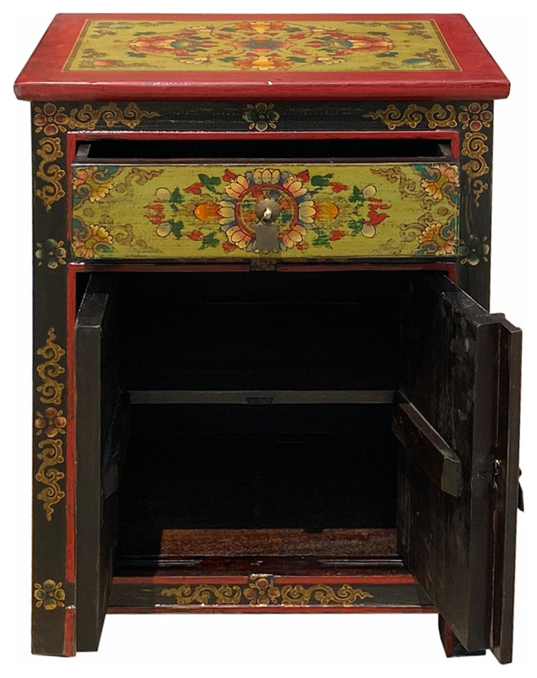 Lime Green Orange Black Tibetan Style Floral End Table Nightstand Hcs6935   Asian   Side Tables And End Tables   by Golden Lotus Antiques  Houzz