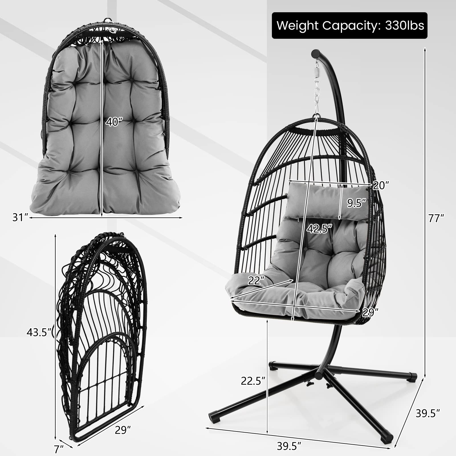 Giantex Egg Chair with Stand, Hanging Basket Chair Hammock Chair w/ Steel Stand Pillow Seat Cushion Rattan Basket & Dust Cover