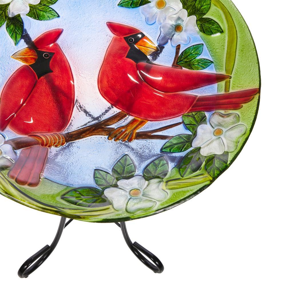 Alpine Corporation 18 in. Round Outdoor Birdbath Bowl Topper with Painted Red Cardinal and Floral Design KPP608T-18