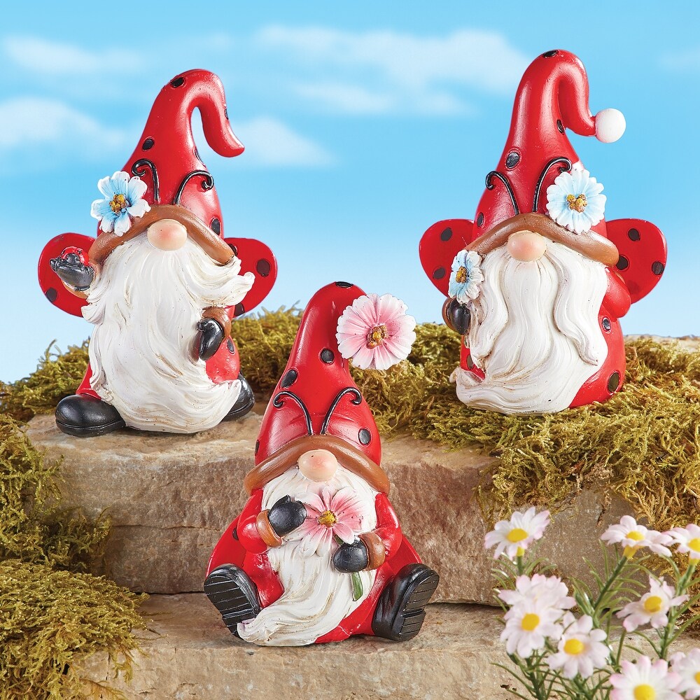 Hand Painted Ladybug Garden Gnome Sitter Figurines   Set of 3   12.380 x 7.000 x 4.000