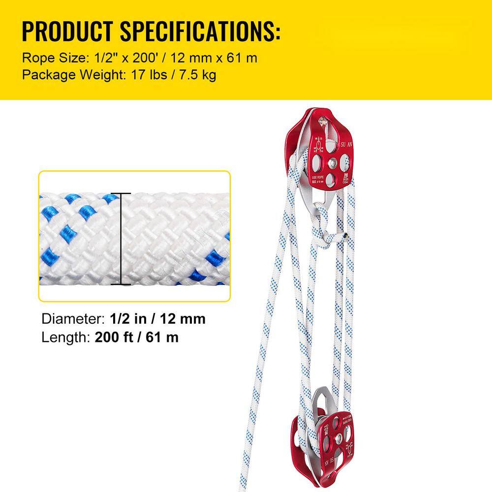 VEVOR 200 ft. L Twin Sheave Block and Tackle 7700 lbs. Capacity Rock Climbing Pulley with Braid Rope for Downhill Red SHLSJTZ12MM61MJLSV0