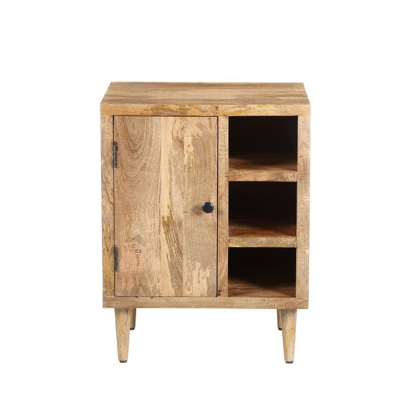 Transitional Mango Wood Side Table with Open Cubbies and Door Storage， Natural Brown