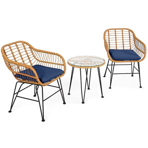 Costway 3PCS Patio Rattan Bistro Furniture Set Cushioned Chair Table