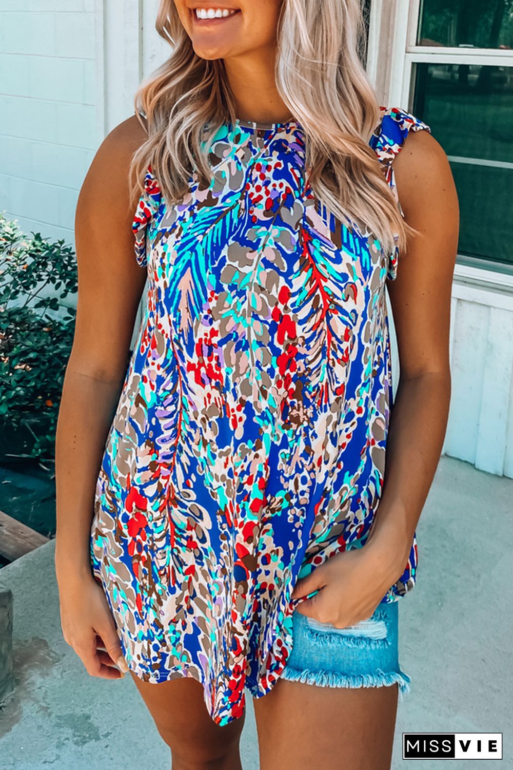 Blue Floral Print Tank Top with Ruffles