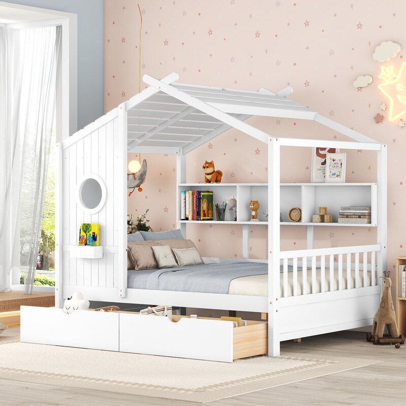 Kids' House Bed with 2 Storage Drawers  Wooden Twin/Full Size Platform Bed Frame with Storage Shelf   Roof Design for Boys Girls