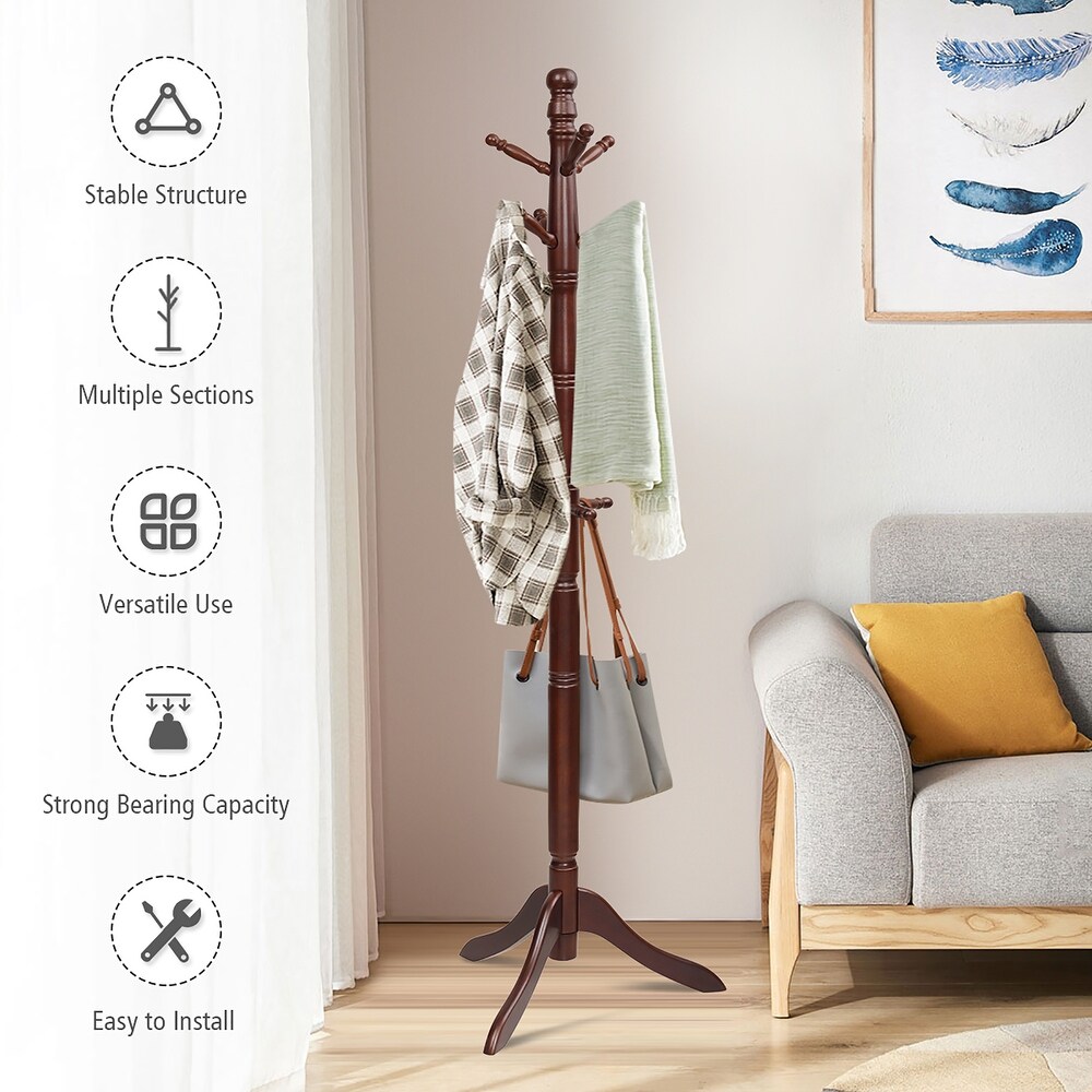 Costway Coat Rack Wooden Hall Tree 2 Adjustable Height w/ 9 Hooks   See details