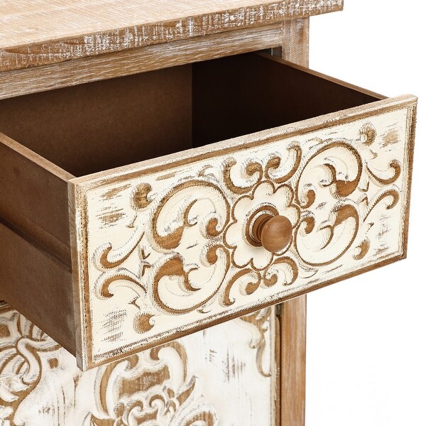 Distressed Floral Carved Wood 1-Door and 1-Drawer End Table with Storage - 30.13