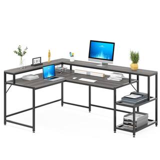 TRIBESIGNS WAY TO ORIGIN Perry 69 in. Grey Reversible Large Corner L Shaped Computer Writing Desk Monitor Stand Storage Shelf Home Office HD-JW0364-WZZ