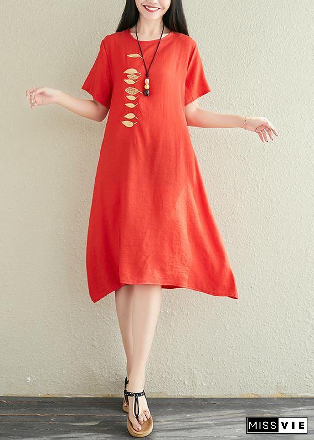 Modern red linen dress o neck embroidery Midi summer Dress