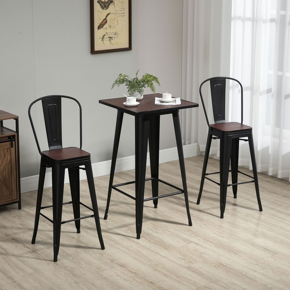 HOMCOM 3 Piece Bar Table Set with 1 Table  2 High Back Chairs and Metal Frame with Footrests for Home