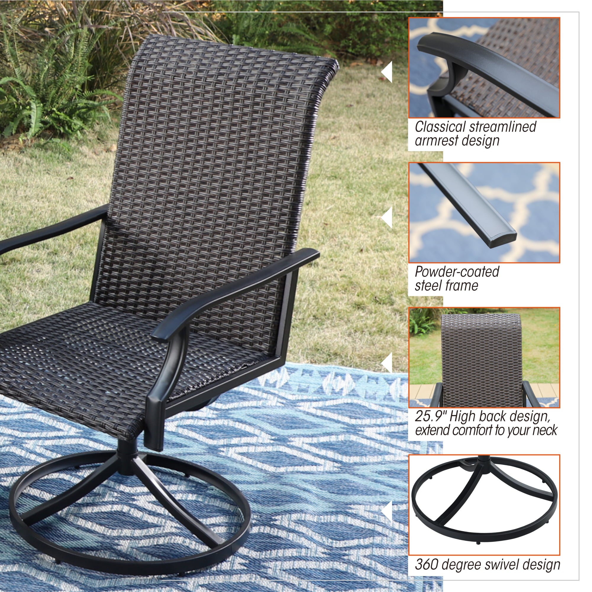 MF Studio Patio Dinning Chair Outdoor Wicker Swivel Chairs Set of 2 Brown