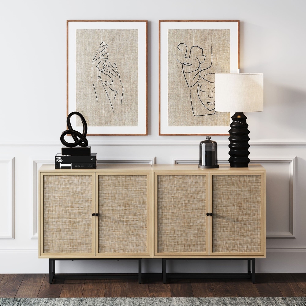 Nathan James Kova Natural Cane Rattan Doors Accent Cabinet with Metal Base and Adjustable Shelf