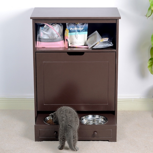 Pet Feeder Station Cabinet End Table with Storage， Stainless Bowl