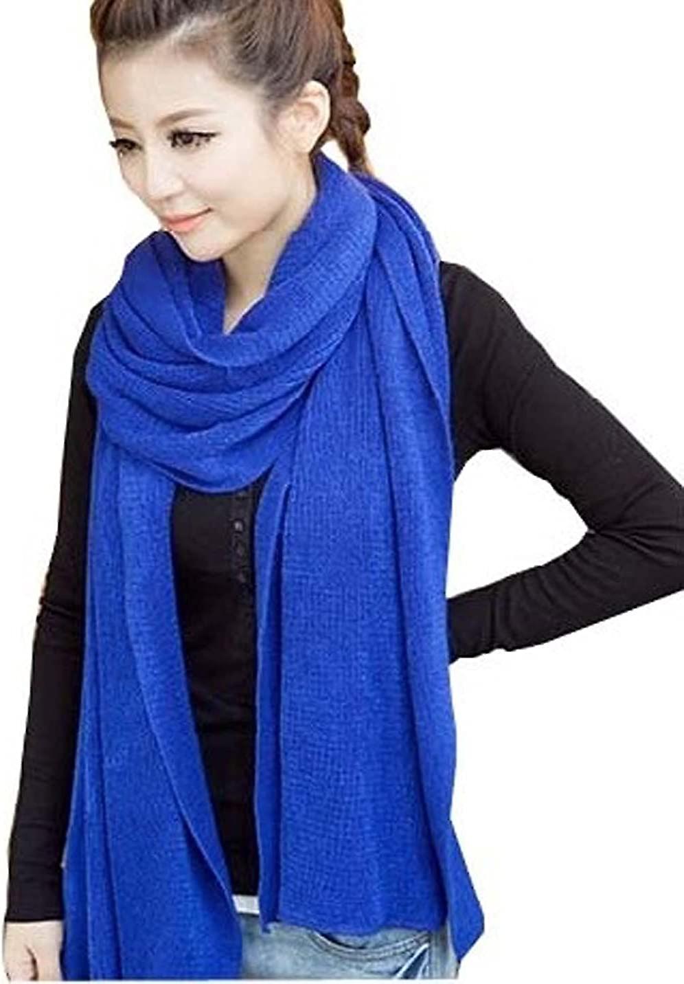 Women's Warm Long Shawl Winter Warm Large Scarf Pure Color Blue -