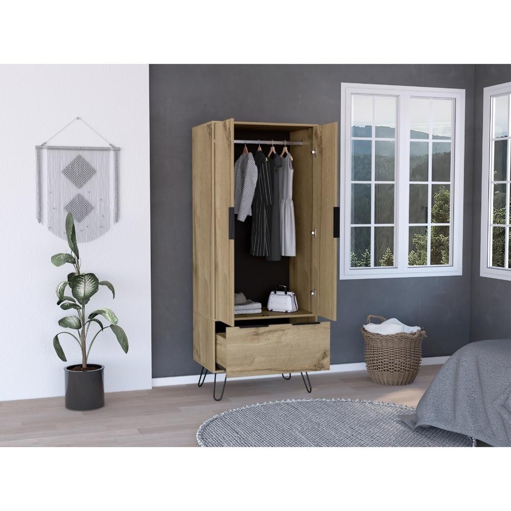 TUHOME Augusta Closet with Hanging Rod  Drawer  Hairpin Legs  and Double Door Cabinet   N/A