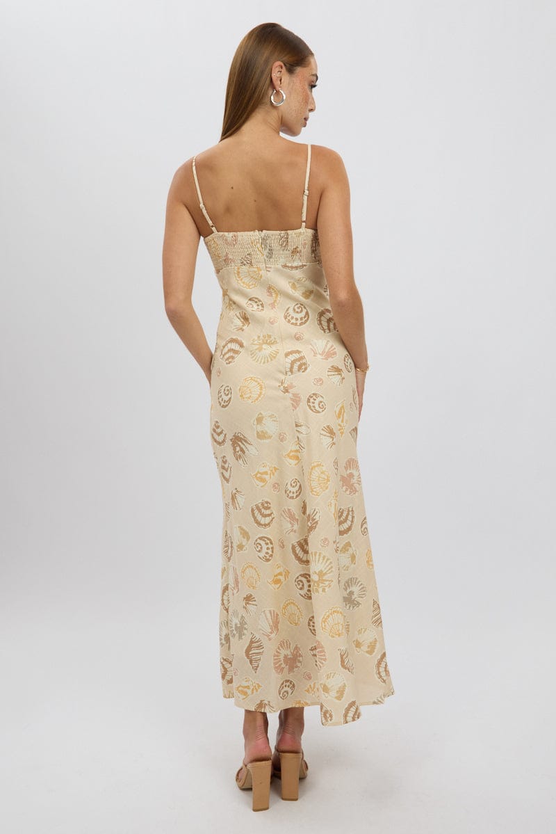 Beige Abstract Midi Dress Strappy