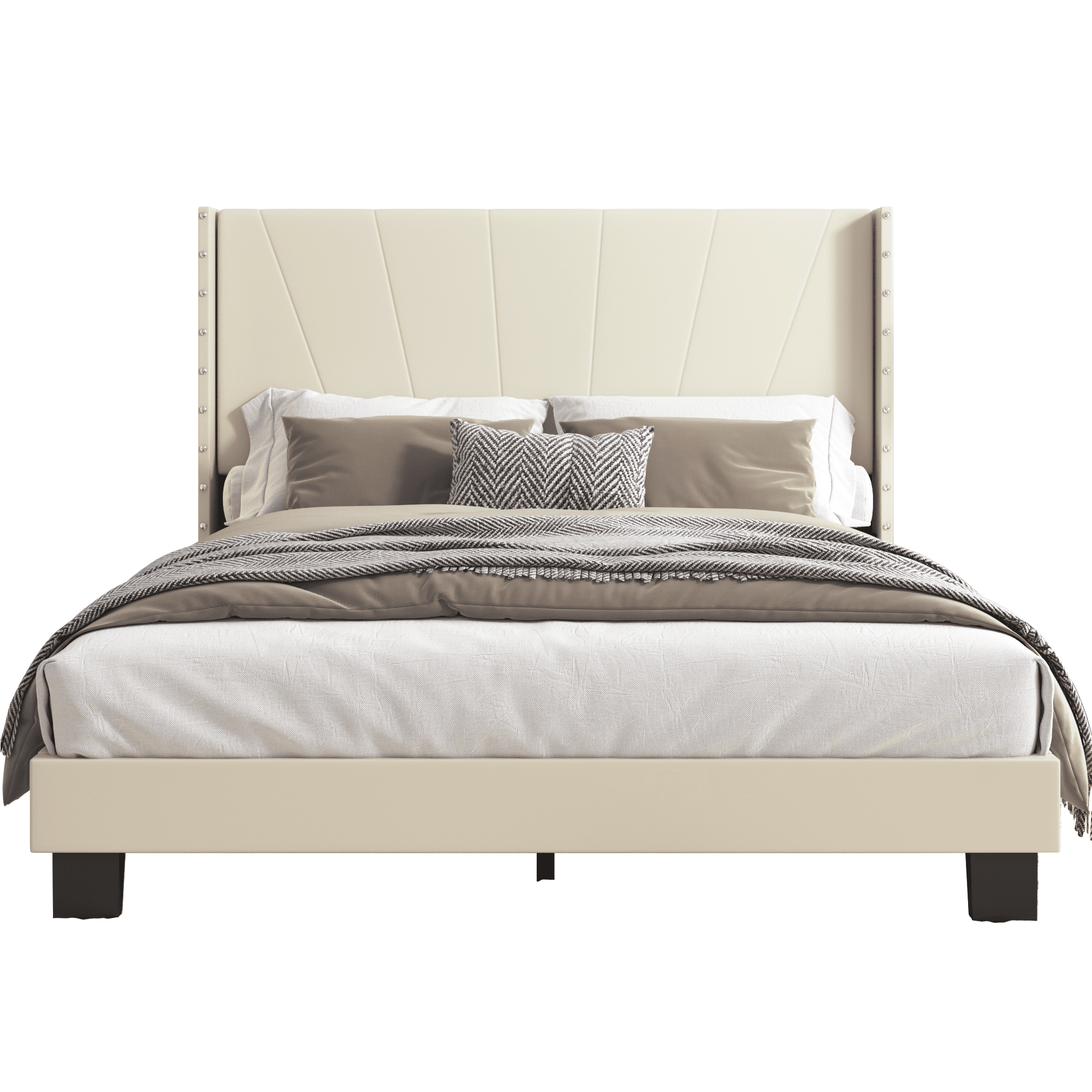 BTMWAY Full Bed Frame, Full Size Velvet Upholstered Platform Bed with Headboard, Solid Wood Frame, Modern Full Platform Bed Frame Bedroom Furniture, Holds 550lbs, No Box Spring Needed, Beige