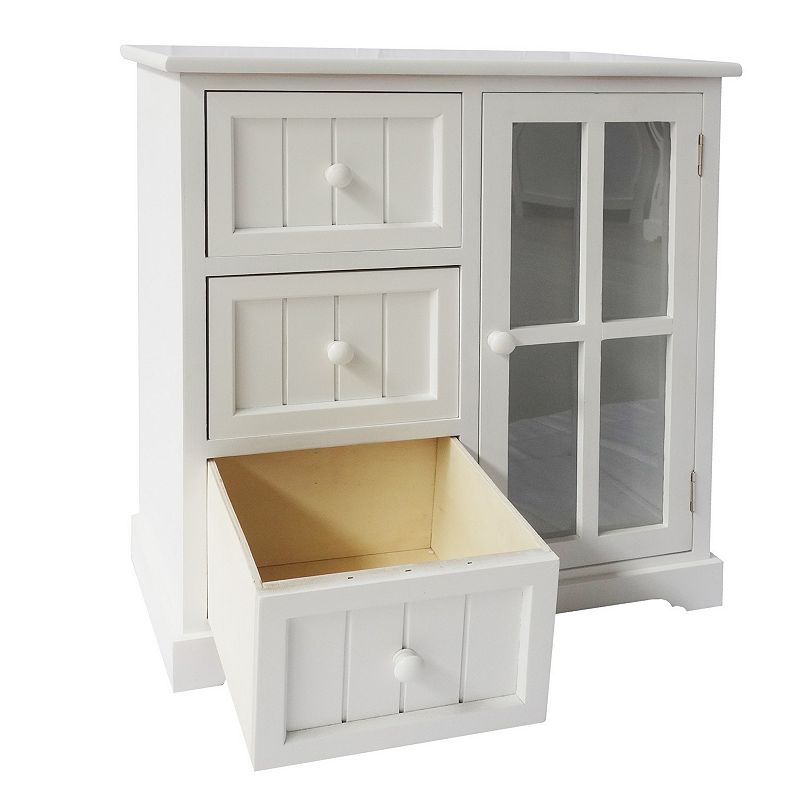 24 Inch Paulownia Wood Accent Cabinet， 3 Drawers， 1 Glass Door， White