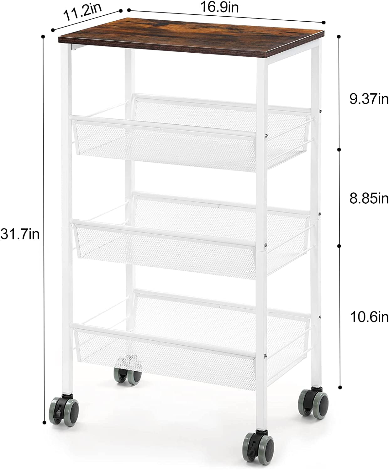 3 Tier Kitchen Storage Rack Cart with Lockable Wheels and Wood Top， White