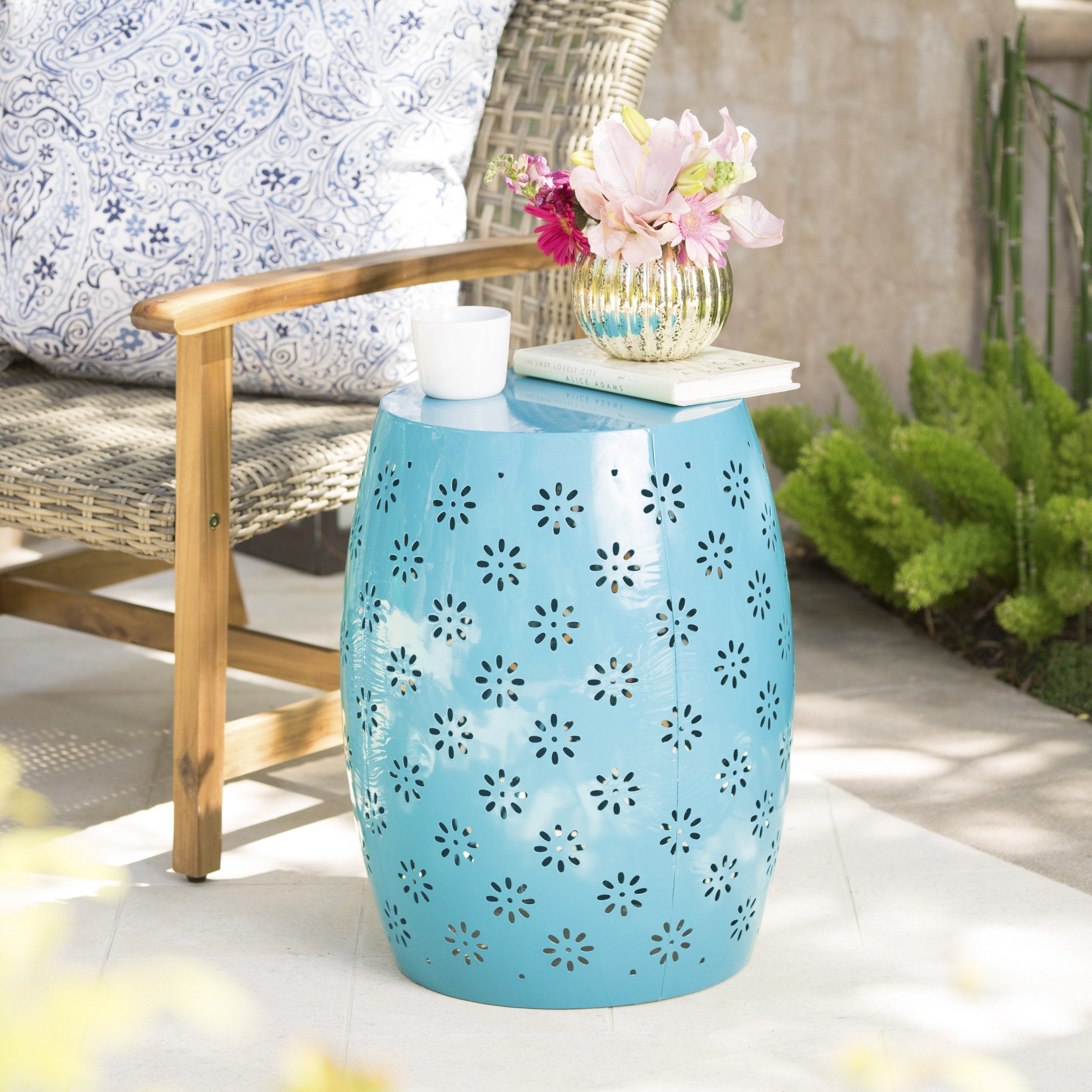 Breeze Outdoor Modern Floral Lace-Cut Metal Accent Side Table