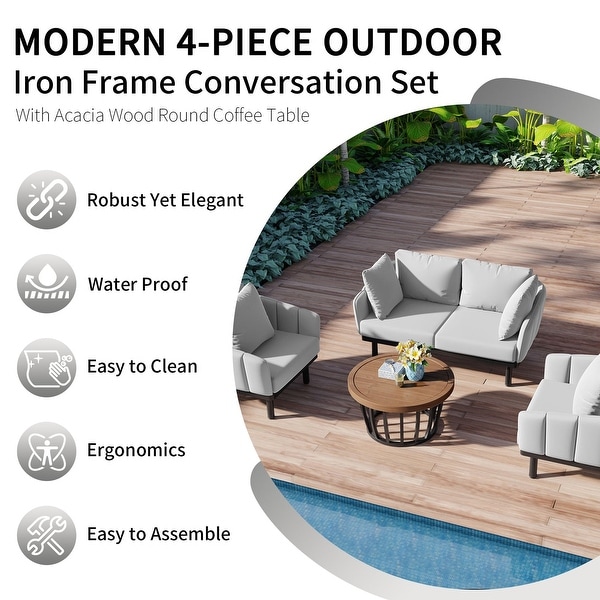 4Piece Iron Frame Outdoor Patio Conversation Set with Cushion for Backyard，Deck，Poolside，Indoor Use