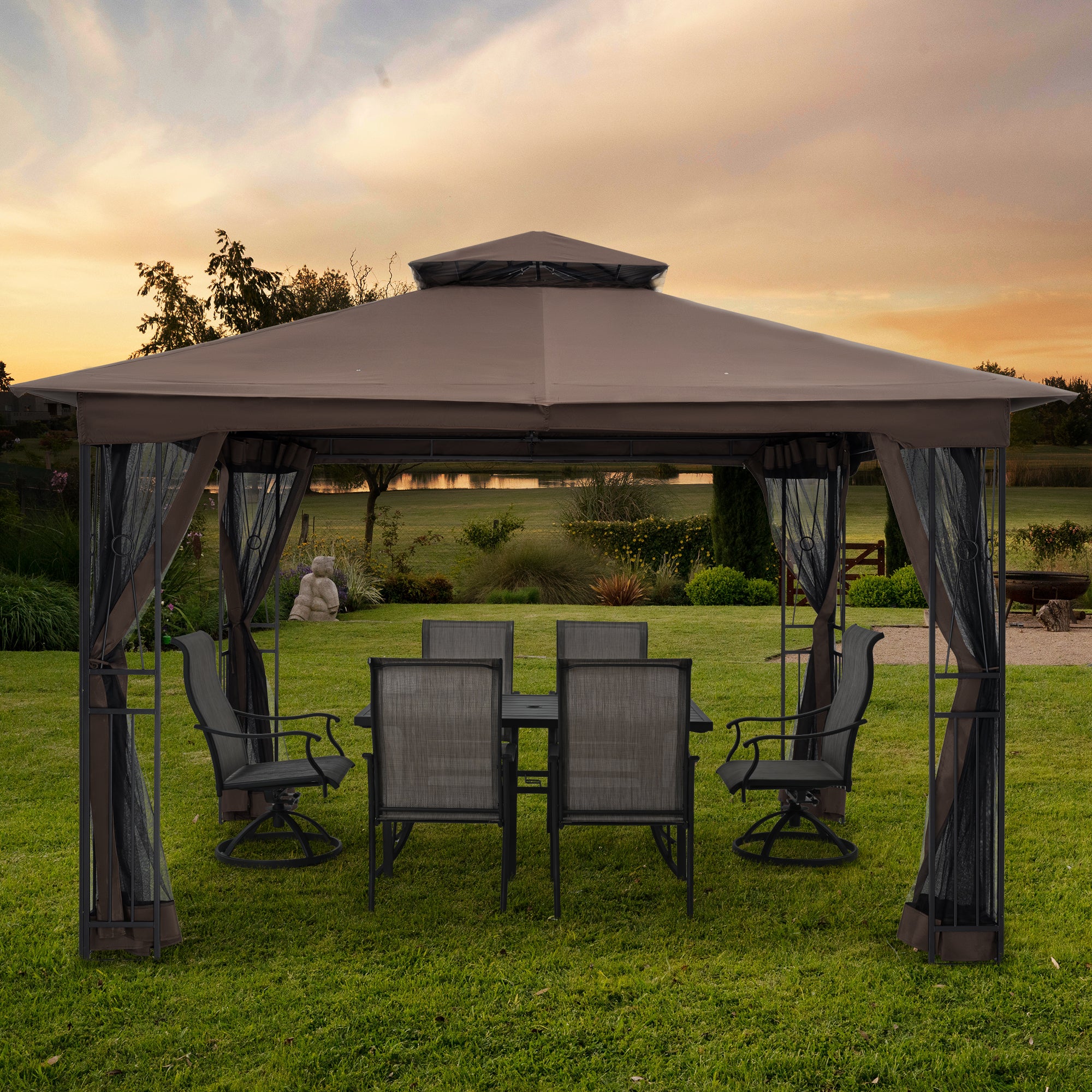 EGEIROS LIFE 12 Ft. X 10 Ft. Double Roof Patio Gazebo With Mosquito Net (Brown)