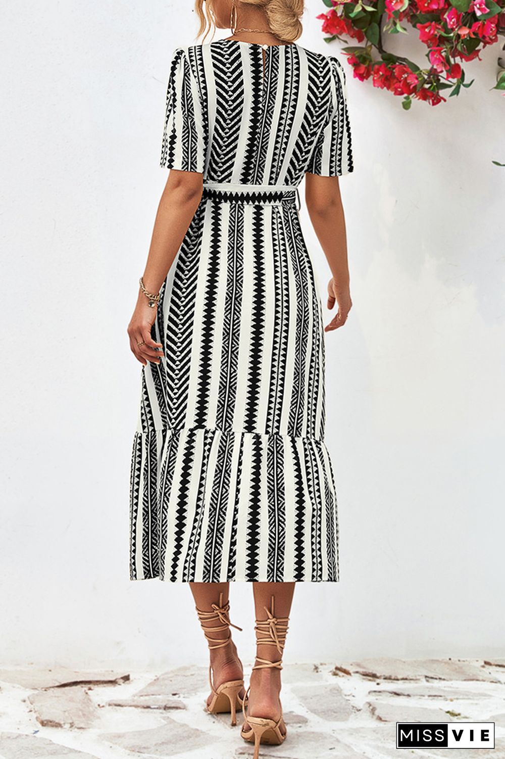 Geometric Striped Maxi Dress With Sash