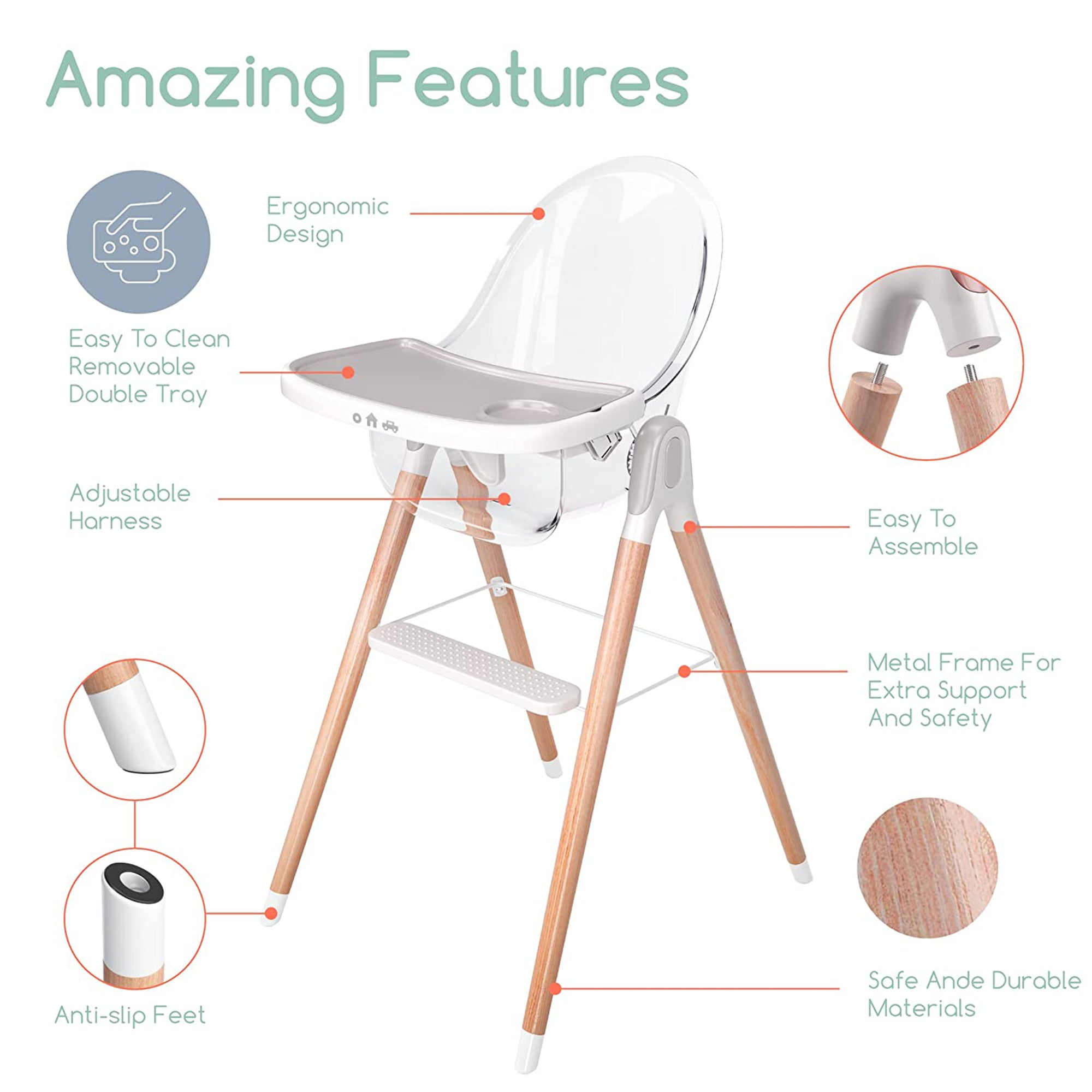 Children of Design 6-in-1 Classic High Chair for Babies and Toddlers Non-Reclinable Wooden Booster Seat with Tray for 6 Months to 6 Years Old, Gray