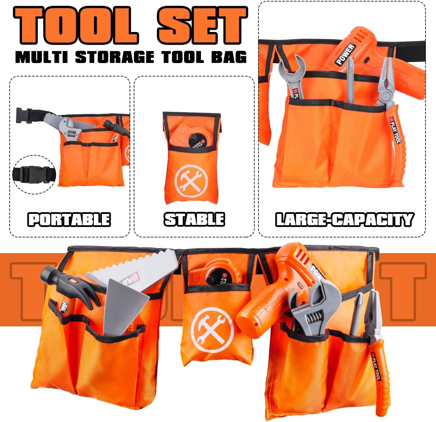 TOY Life Kids Tool Set with Kids Tool Belt， Toddler Tool Set with Electric Toy Drill， Construction Tool Set for Kids Halloween Pretend Play Tools， Toy Tools for Kids Ages 3 4 5 6 7 Years Old， Boy Toys