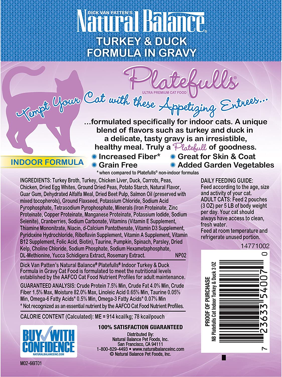 Natural Balance Platefulls Indoor Formula Turkey and Duck Formula in Gravy Grain-Free Cat Food Pouches 3-oz pouch case of 24