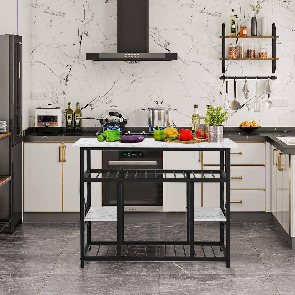 47.2 in. Faux Marble White Multifunctional Counter Height Kitchen Dining Kitchen Island Kitchen Rack with Large Worktop TM-CYWF-7AAK