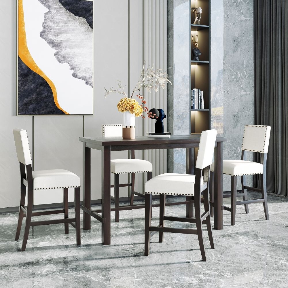 Moda Furnishings 5 Piece Counter Height Dining Set  Classic Elegant Table and 4 Chairs in Espresso and Beige