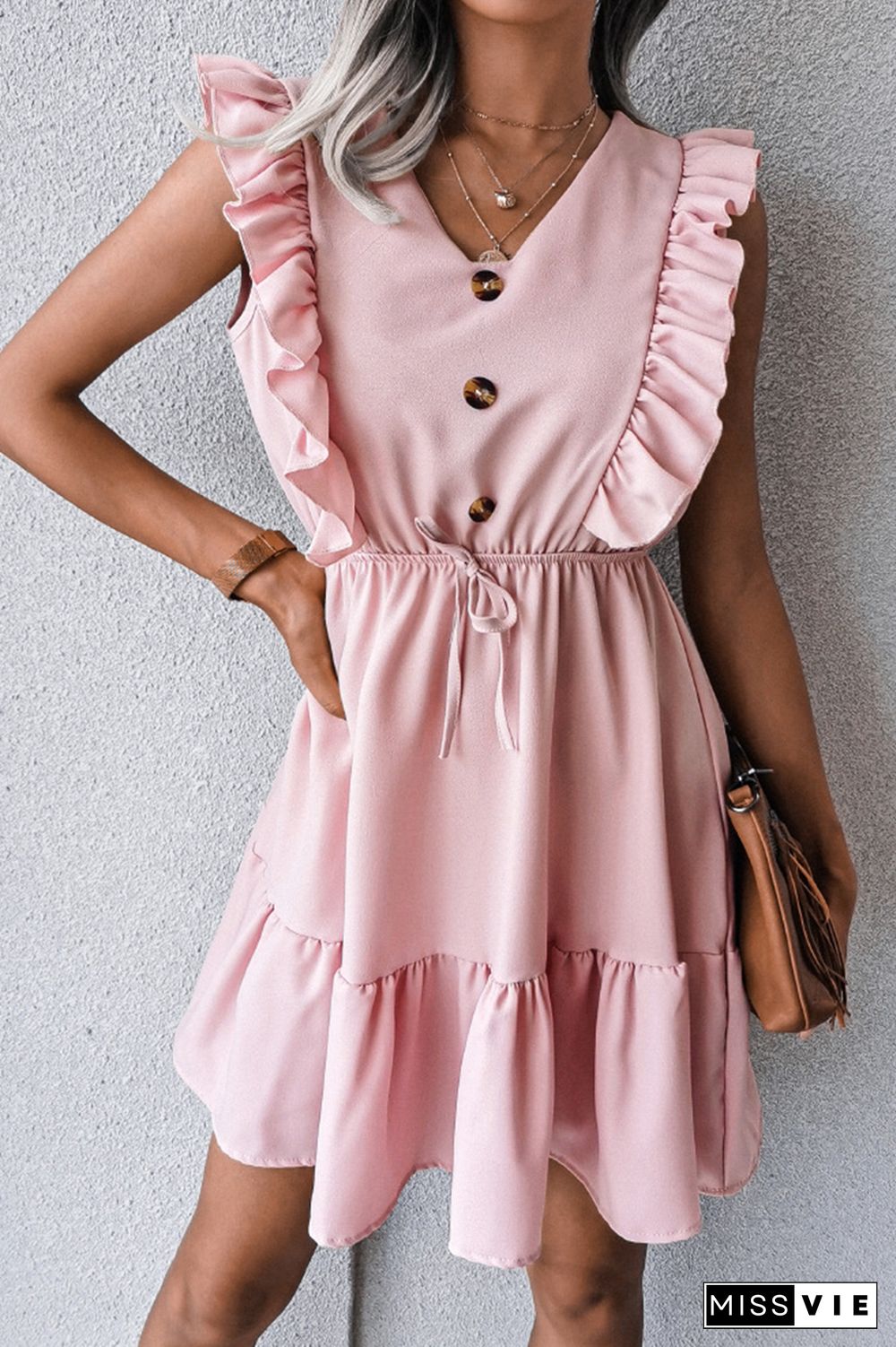 Casual Elegant Solid Buckle Flounce V Neck Waist Skirt Dresses