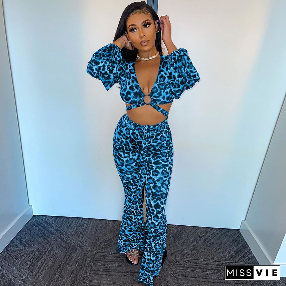 Sexy Leopard Print Long Sleeve V Neck Bandage Crop Top Long Pant Women Streetwear Two Piece Set