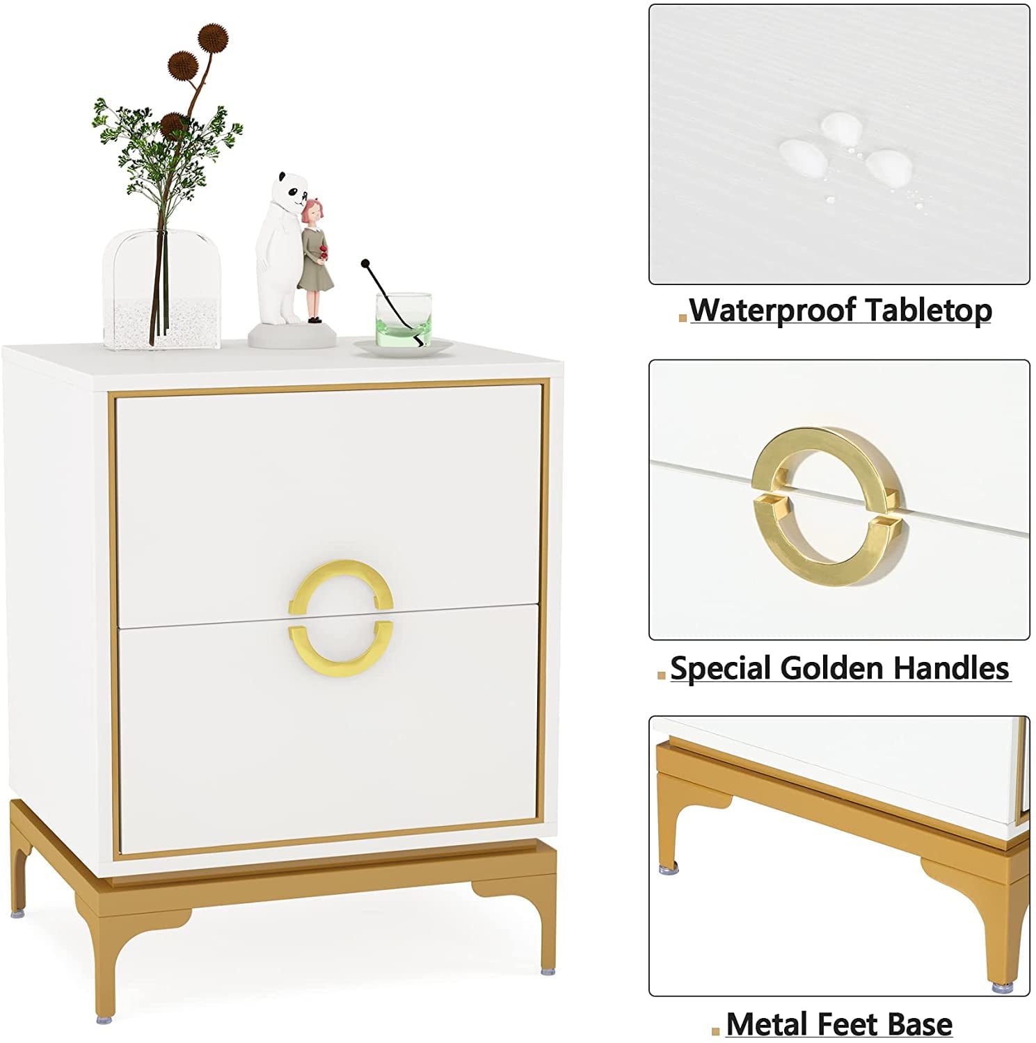 Tribesigns 2 Drawers Nightstand, White and Gold Bedside Table for Bedroom, Set of 2