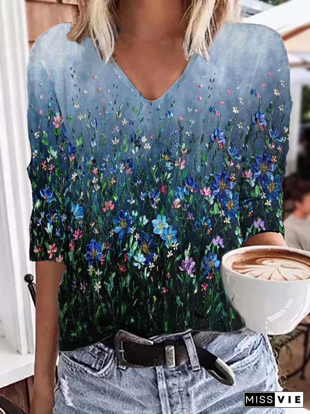 Plus size Floral Long Sleeve Loose T-Shirt