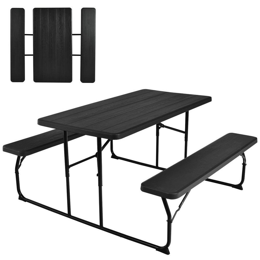 WELLFOR 59 in. W x 54 in. D HDPE Outdoor Folding Picnic Table Set in Black OP-HGY-70672BK