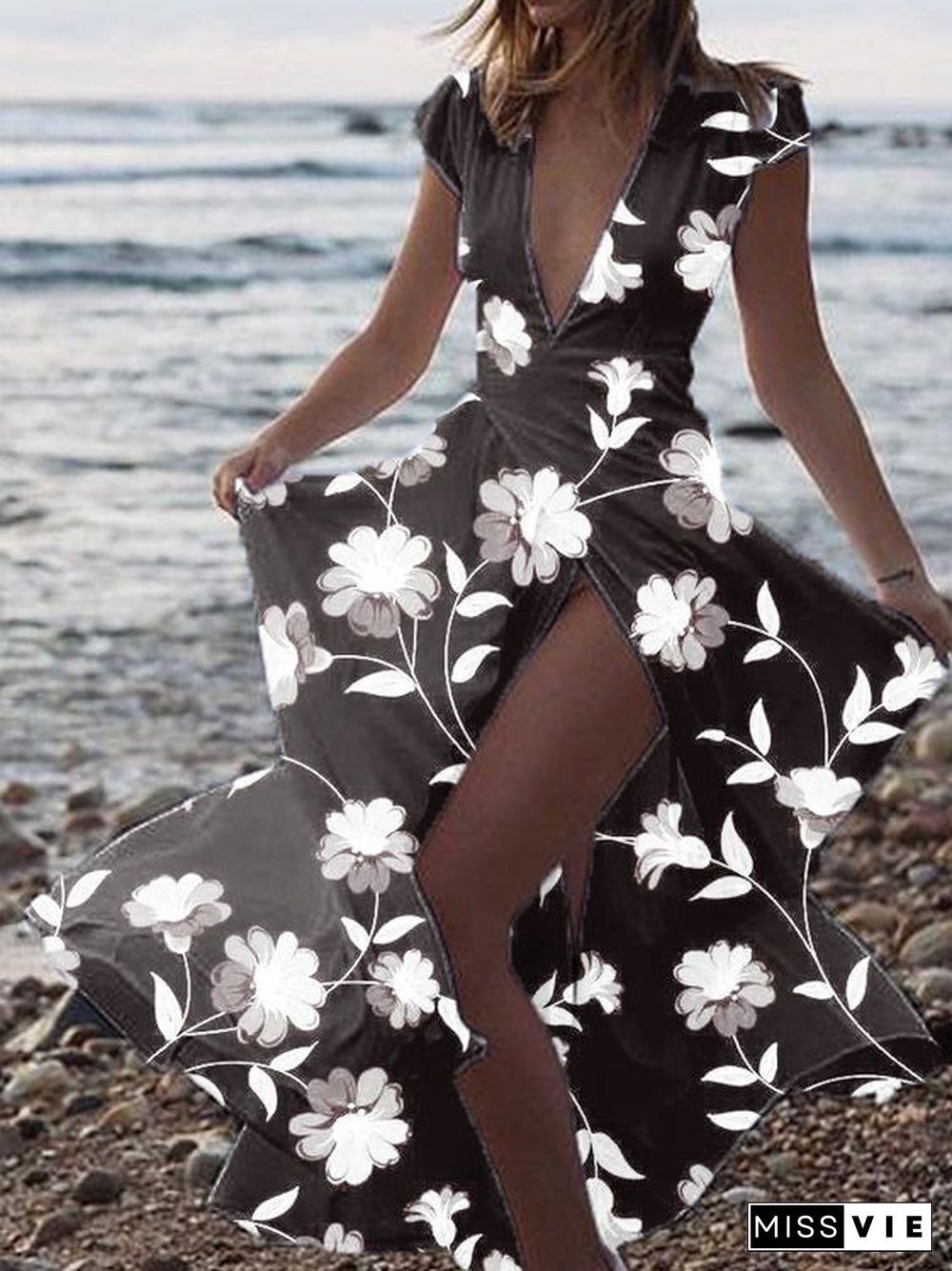 Printed V-Neck Split Beach Casual Dress