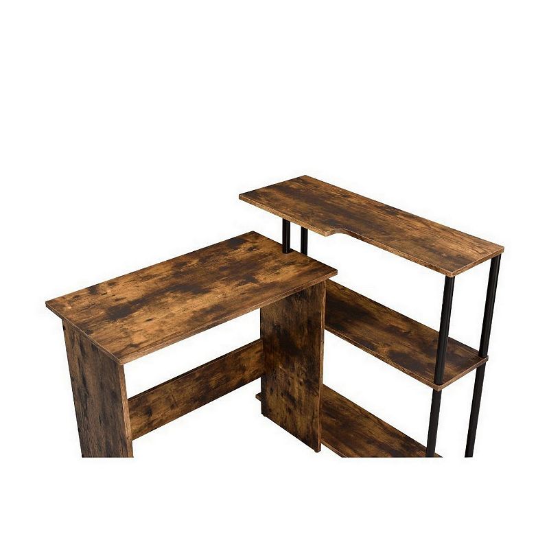 Writing Desk with L Shaped Design and Rough Hewn Saw Texture， Brown